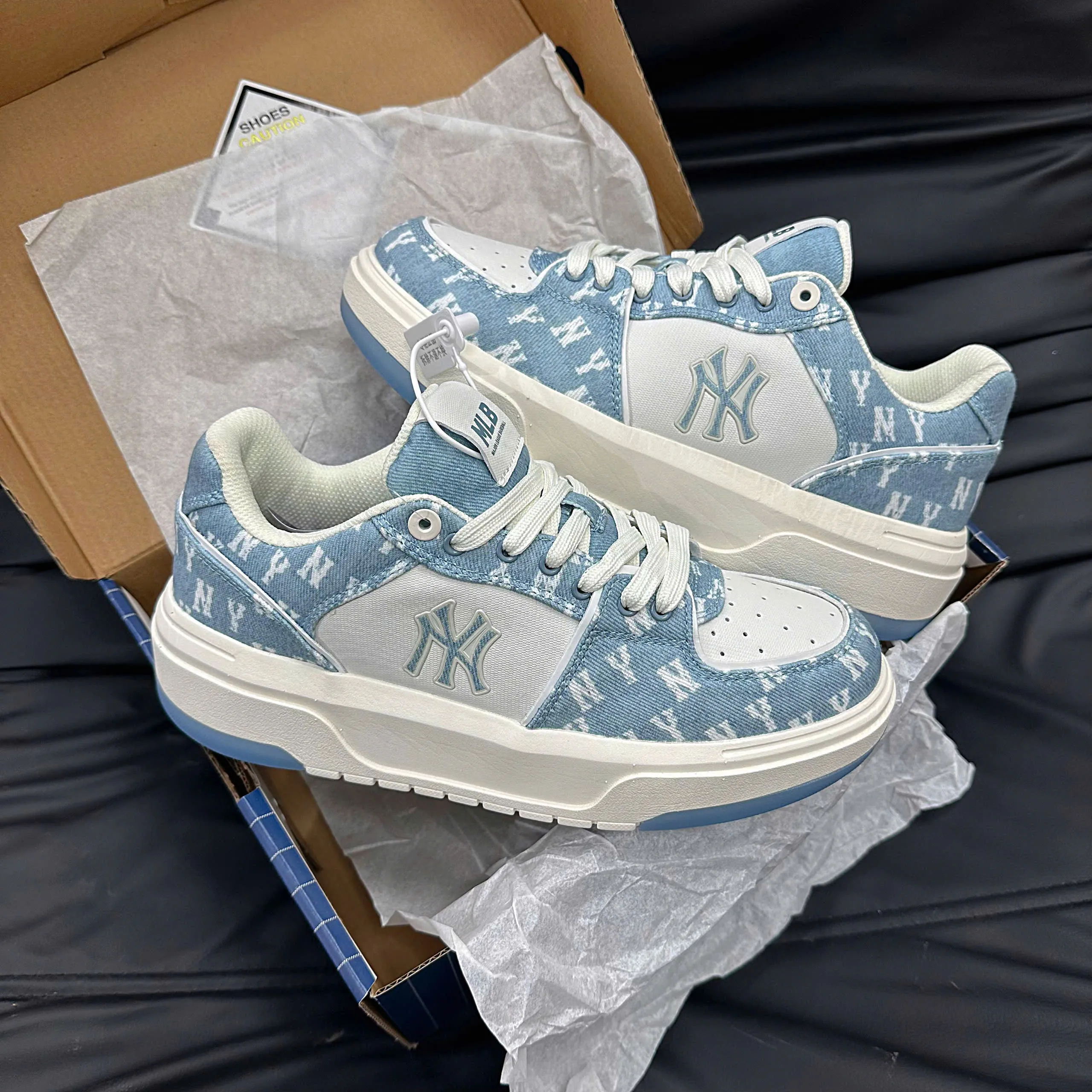 Giày Mlb Korea Chunky Liner Denim Classic Mono Xanh Dương